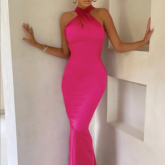 club london Dresses Unstoppable Hot Pink Cross Over Halter Neck Maxi Dress Uk 2 Hot Pink